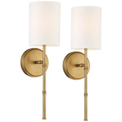 Abigale Modern Wall Light Sconces Set of 2 Brass Hardwire 5" Fixture White Fabric Shade for Bedroom Reading Living Room Hallway House