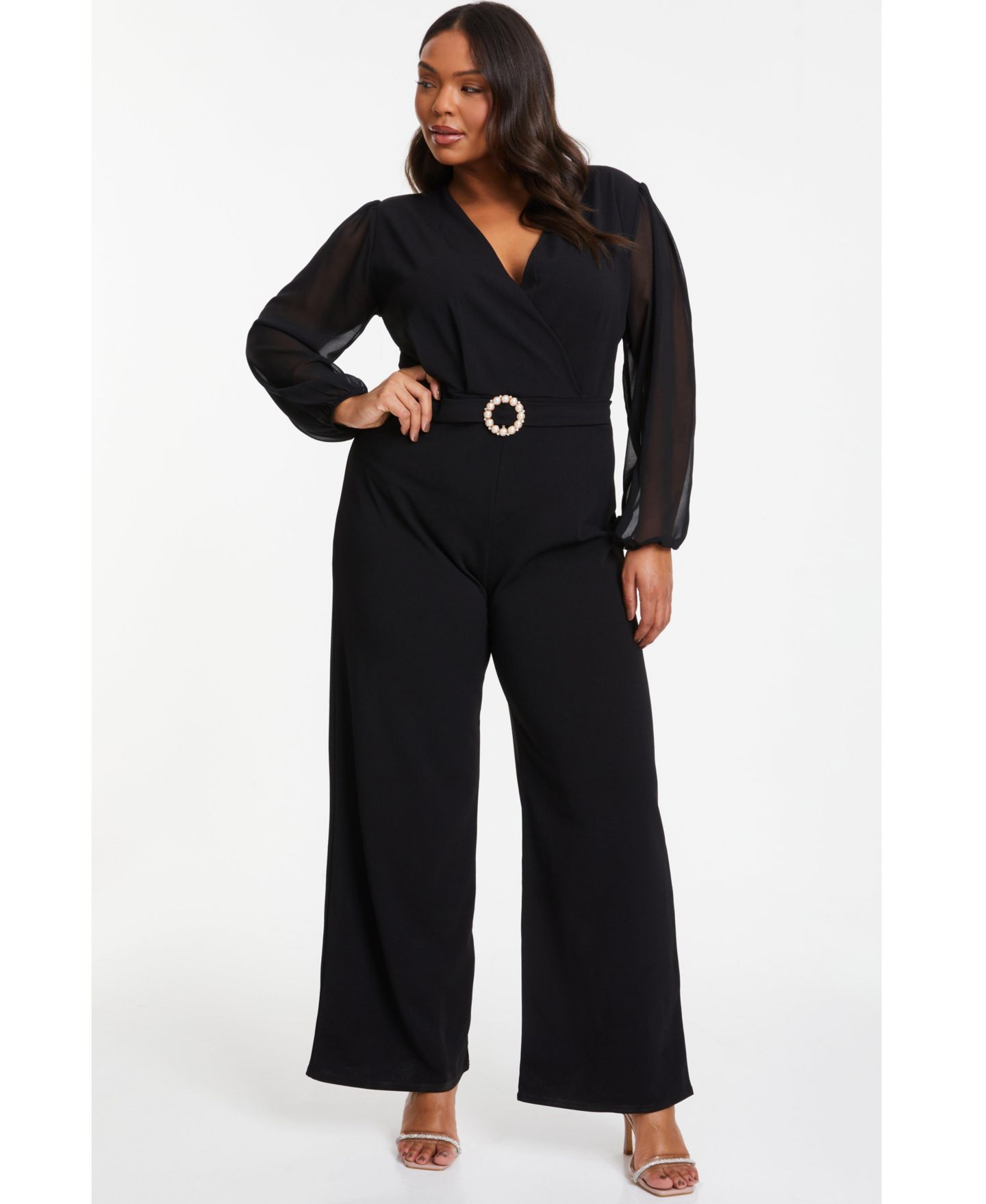Женский комбинезон QUIZ Buckle Detail Chiffon Sleeve Palazzo Jumpsuit — фото 1