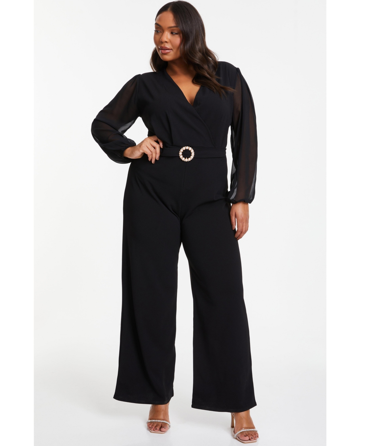 Women's Plus Size Buckle Detail Chiffon Sleeve Palazzo Jumpsuit - Black
