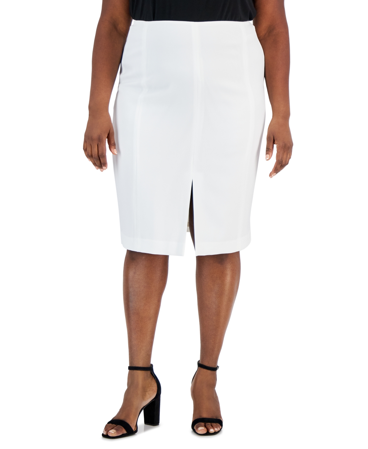Kasper Plus Size Stretch Crepe Front-slit Pencil Skirt In Lily White