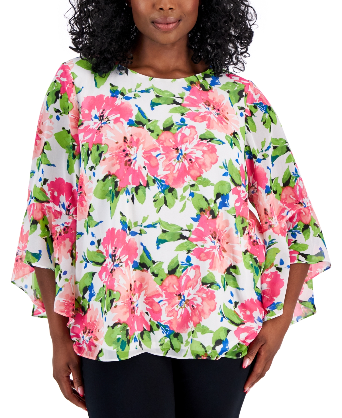 Kasper Plus Size Floral Ruffled-cuff 3/4-sleeve Top, Created For Macy's In Vanilla Ice,pink Perfection