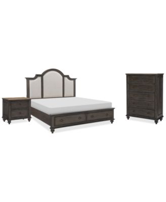 Mandeville 3pc Bedroom Set (Upholstered California King Storage Bed + Drawer Chest + 2-Drawer Nightstand)