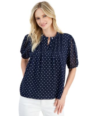 Nautica Jeans - Women's Dot-Print Pintuck Short-Sleeve Popover Blouse