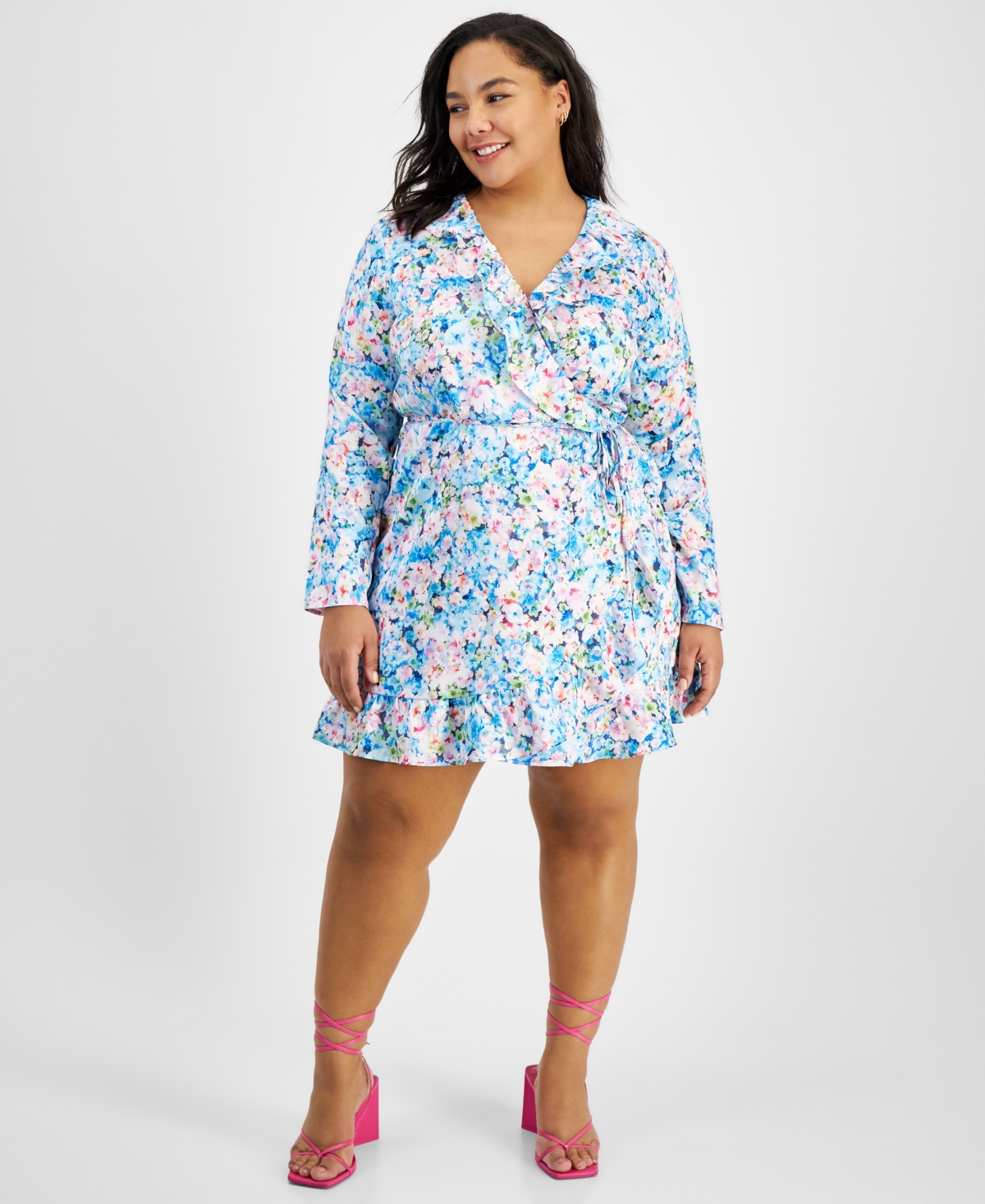 Bar Iii Trendy Plus Size Ruffled Floral Satin Minidress, Created For Macy's In Lana Floral