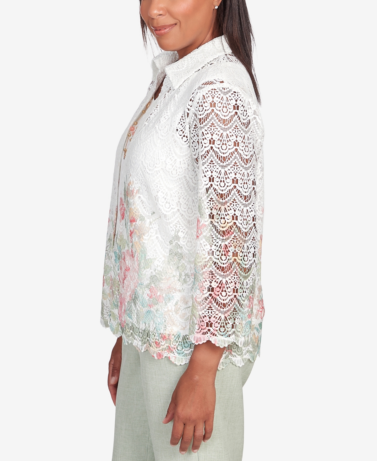 Alfred Dunner Women's English Garden Floral Border Lace Two in One Top with Necklace