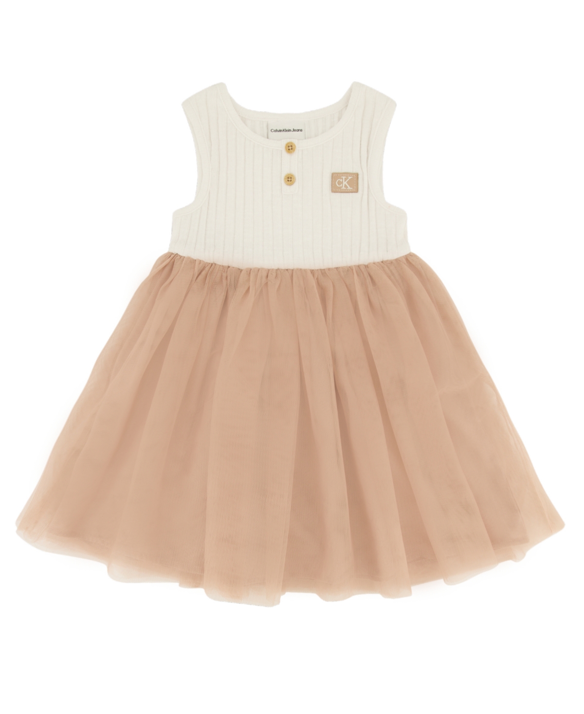 Shop Calvin Klein Toddler Girls One Piece Fit-and-flare Sleeveless Ribbed And Tulle Dress In Tan
