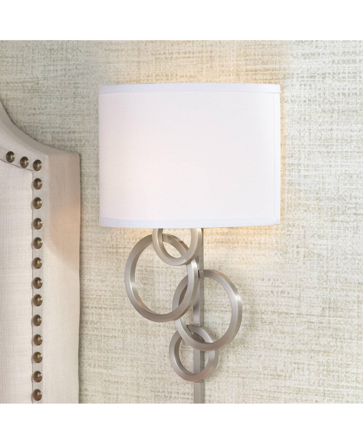 Possini Euro Design Circles Modern Wall Light Sconce Brushed Nickel Plug-in 12" Fixture Off White Cotton Half Shade for Bedroom Reading Living Ro