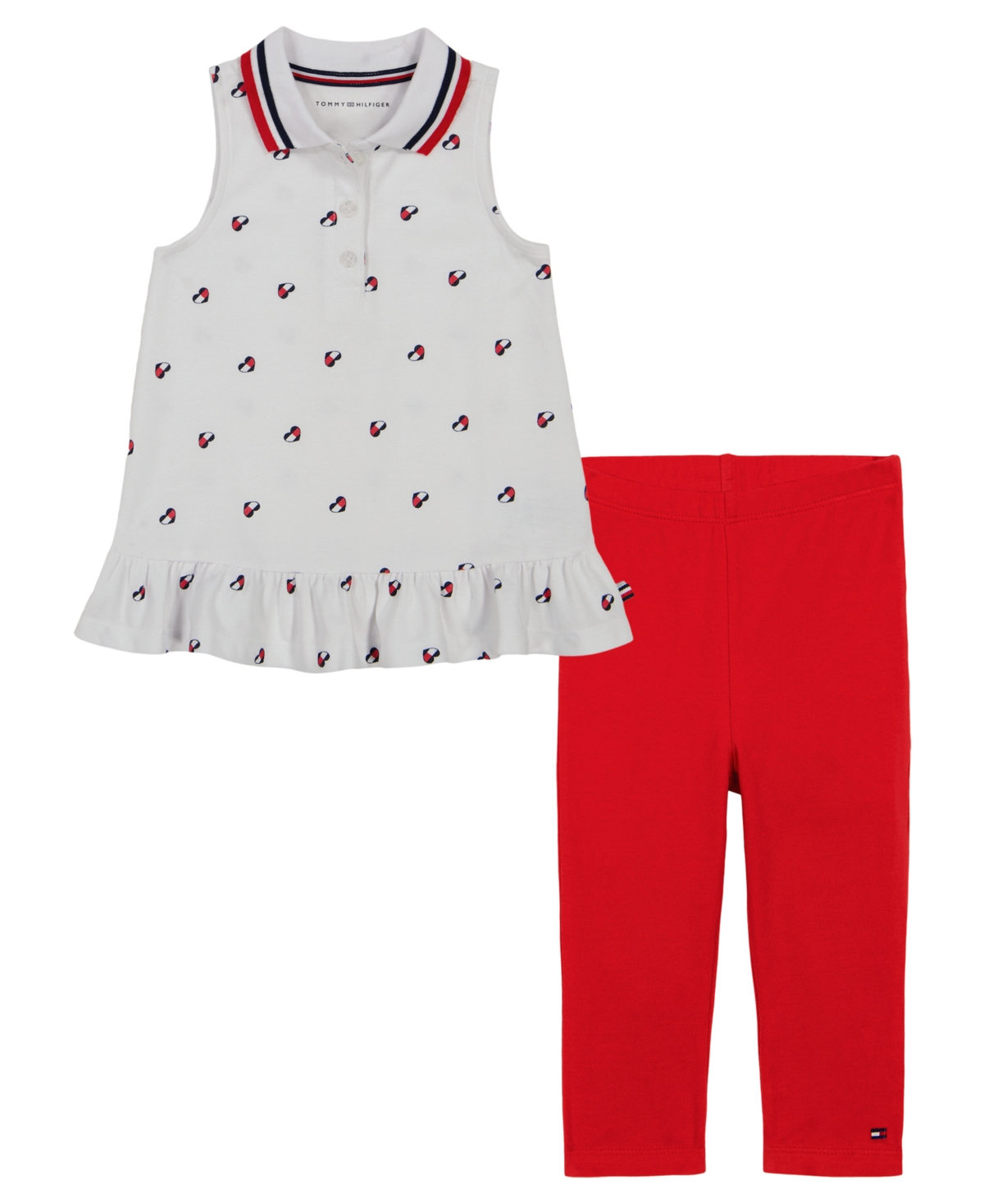 Shop Tommy Hilfiger Baby Girls Logo Print Pique Polo Tunic And Capri Leggings Set In Red