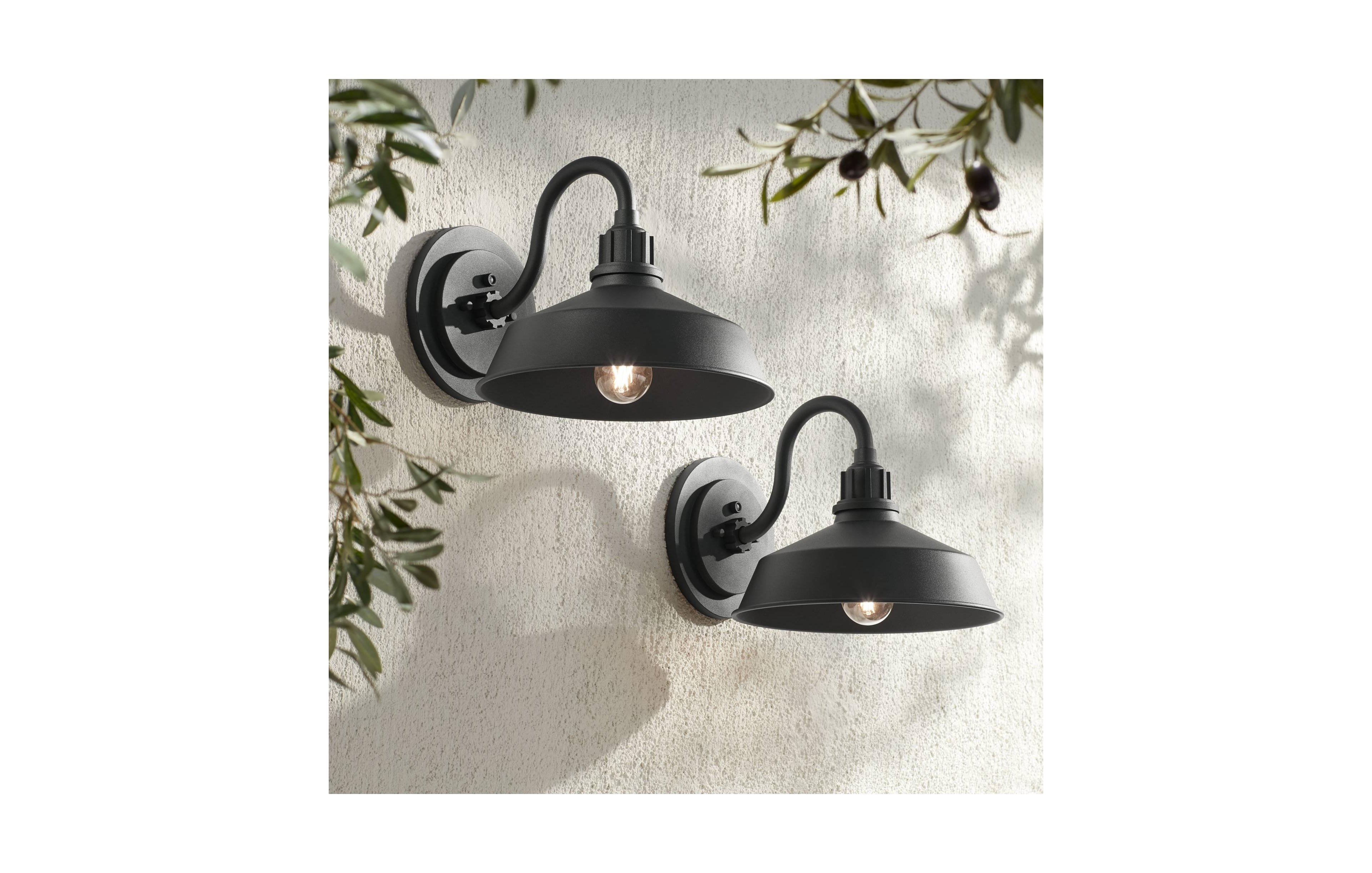 Franklin Iron Works Arnett Rustic Industrial Farmhouse Outdoor Barn Light Fixtures Set of 2 Black Dusk to Dawn Gooseneck 10 1/2" for Exterior Dec