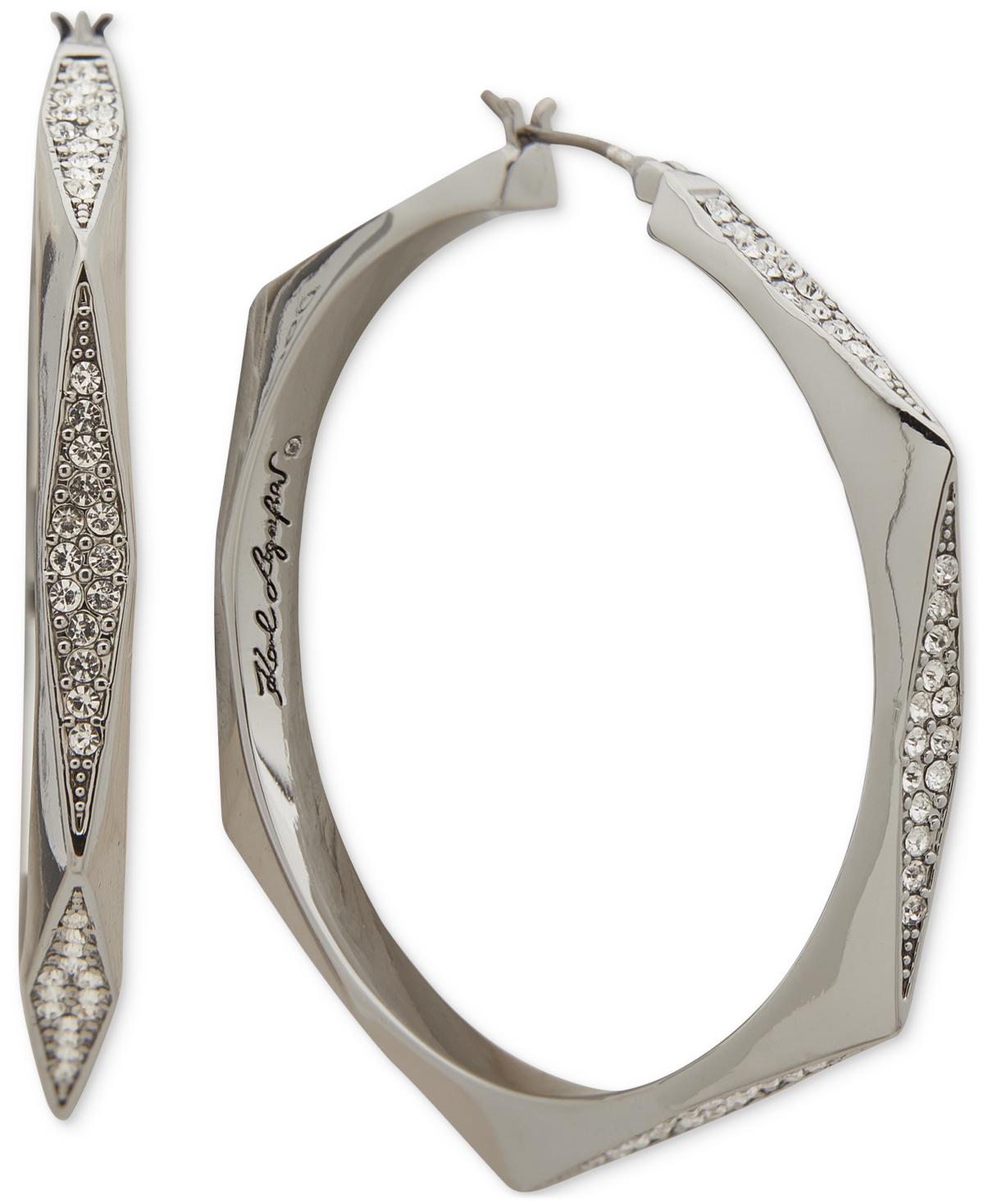 Medium Pave Geometric Hoop Earrings, 1.66" - Silver