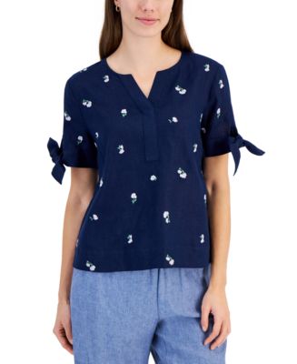 売れ筋商品|||チャータークラブ カットソー トップス レディース Petite 100% Linen Split-Neck Tie Sleeve Top, Created for Macy's Pool Blue Charter Club Petite 100% Linen Split-Neck Tie Sleeve Top