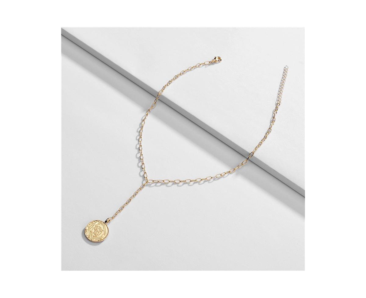 Lariat Necklace with Coin Pendant Necklace for Women - Gold