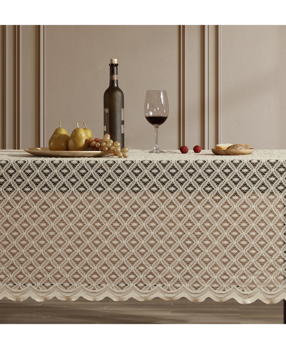Alona Lace Fabric Table Cloth for Rectangle Tables, Wrinkle Resistant Tablecloth, Patterned Scalloped - Linen taupe