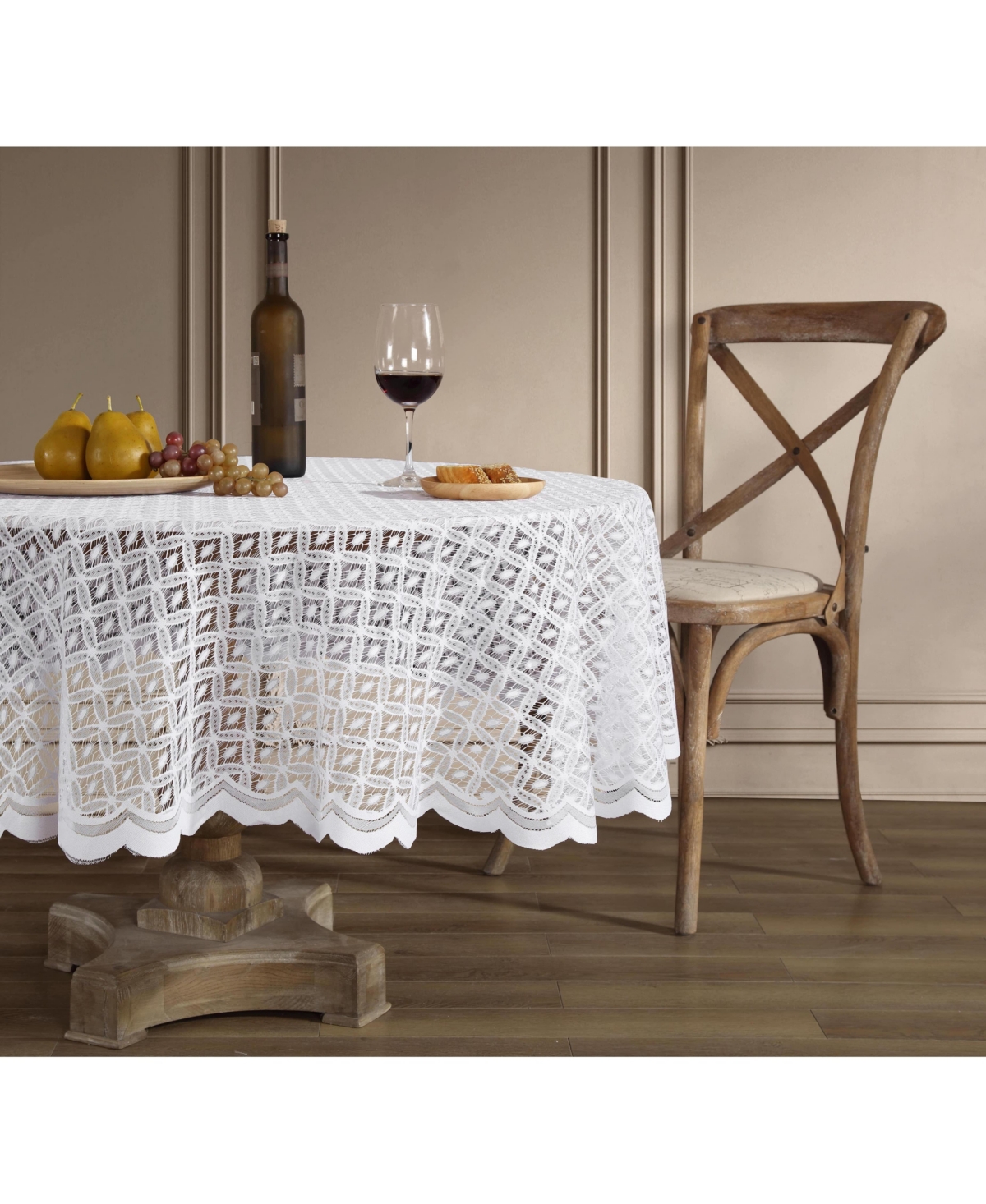 Alona Lace Fabric Table Cloth for Round Tables, Wrinkle Resistant Tablecloth, Patterned Scalloped - White