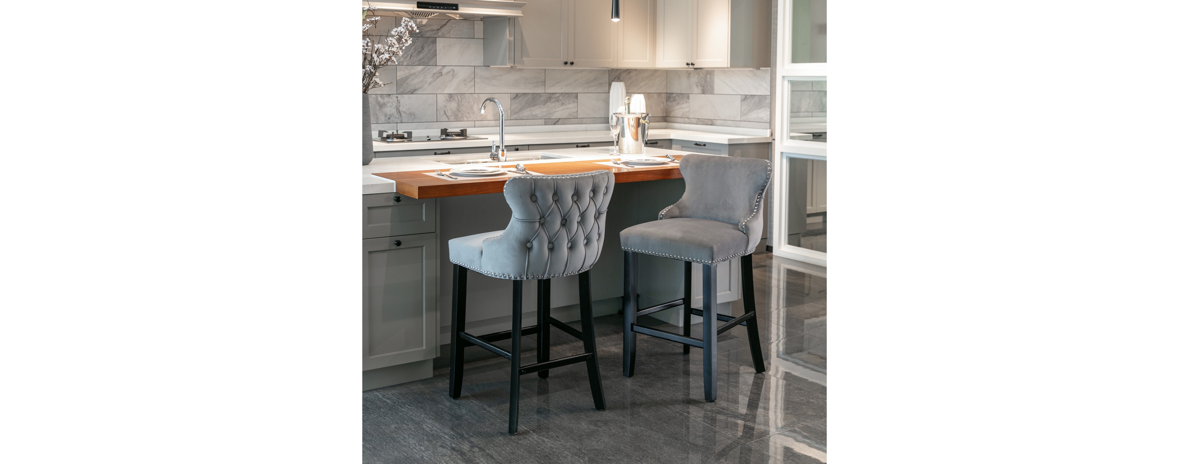 Streamdale Furniture Gray Velvet Wingback Bar Stools, Set of 2