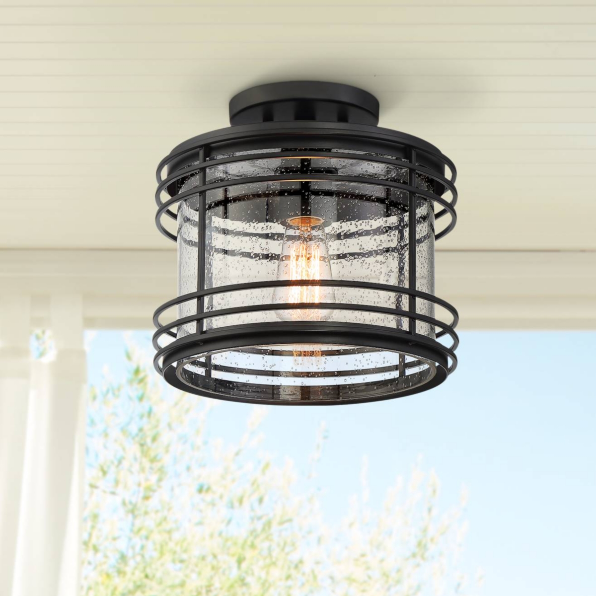 Mackie Modern Outdoor Semi Flush-Mount Ceiling Light Fixture Black Geometric 11" Clear Seedy Glass for Exterior House Porch Patio Outside Deck Garage