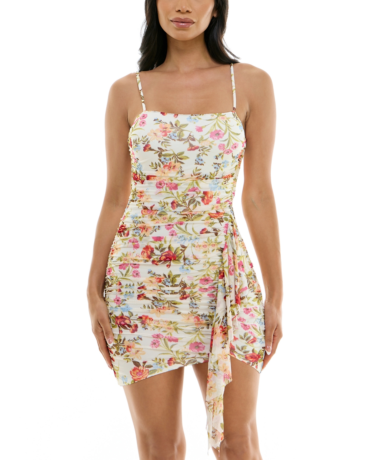 Shop City Studios Juniors' Floral-print Ruched Mesh Bodycon Dress In Ivory,coral