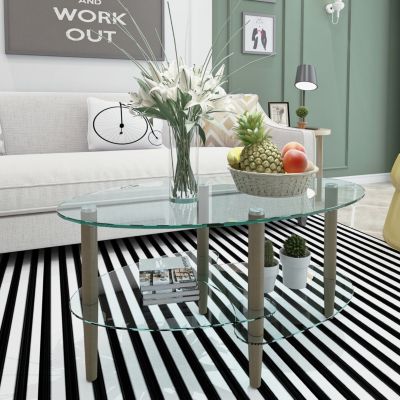 Streamdale Modern Oval Glass Coffee Table with Oak Wood Legs