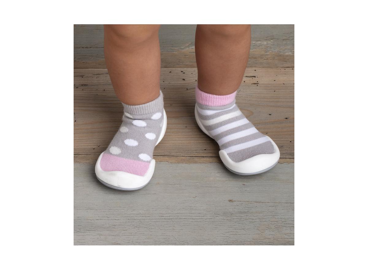 Komuello's Baby Girl First Walk Sock Shoes Dots & Stripes -- Pink