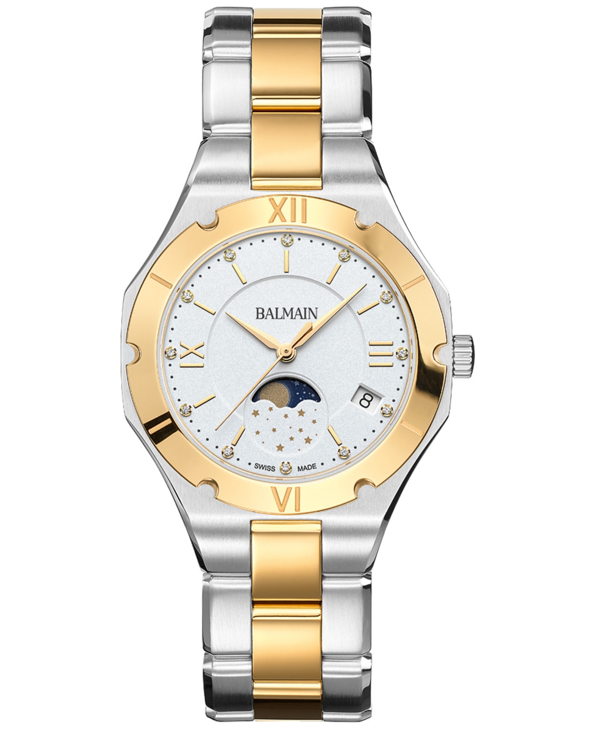 Women's Swiss Be Balmain Moonphase Diamond (1/20 ct. t.w.) Two-Tone Stainless Steel Bracelet Watch 33mm - Silver/yellow