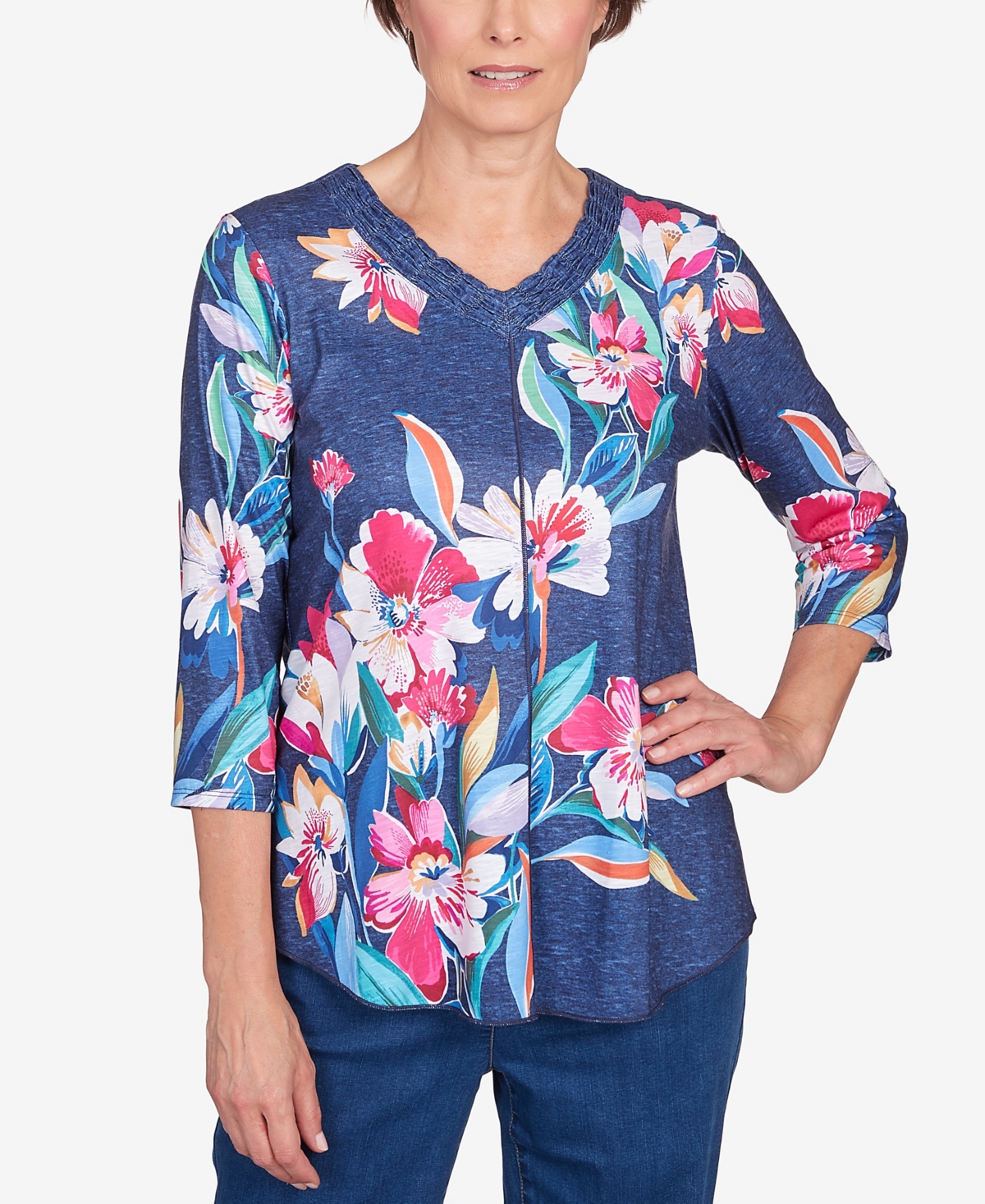 Petite in Full Bloom Placed Floral V-neck Top - Navy