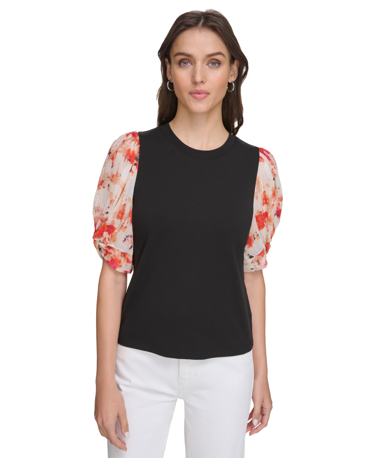 Shop Dkny Women's Printed Chiffon-sleeve Top In Black,ivory,orange Blossom Multi