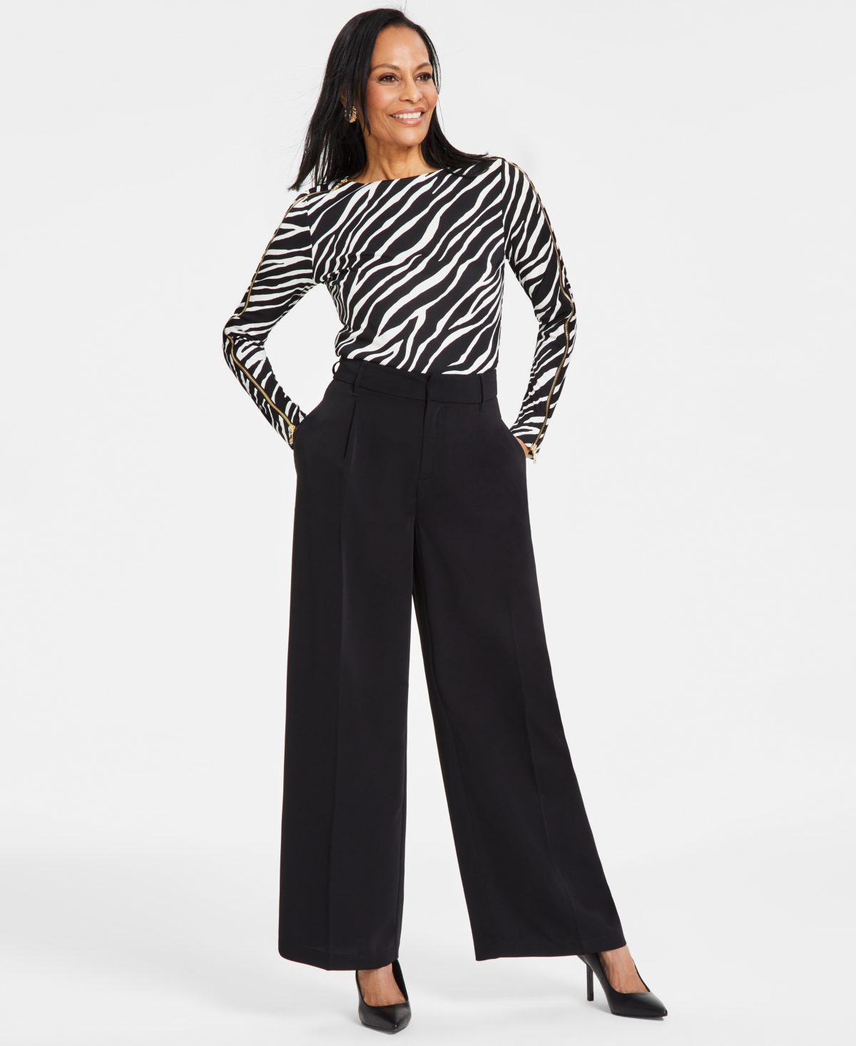 Women's Pleated Wide-Leg Trousers, Created for Macy's - Deep Black