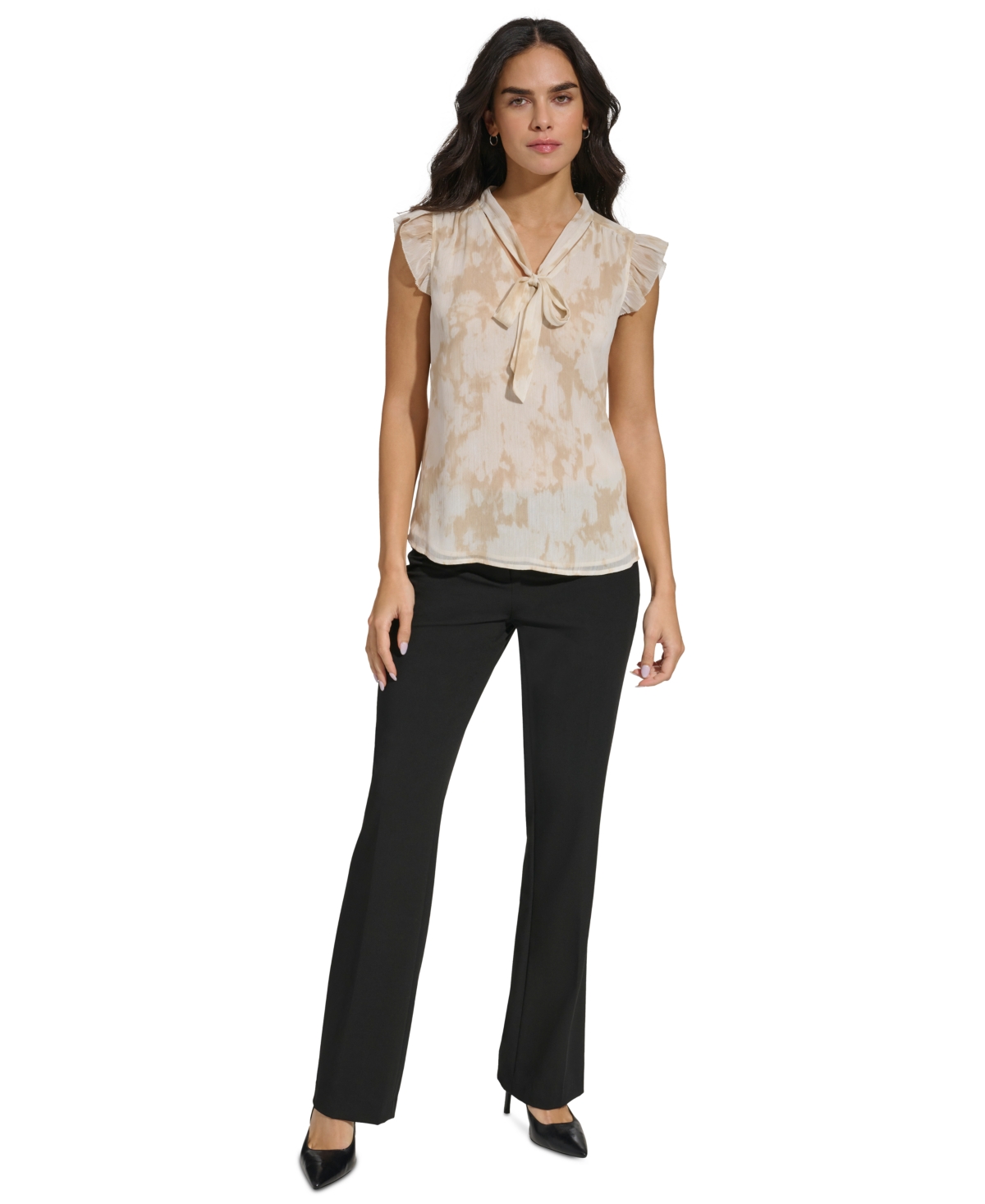 Calvin Klein Women's Printed Cap-Sleeve Tie-Neck Top -Cream