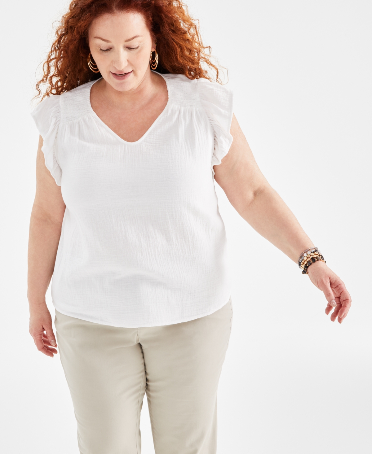 Shop Style & Co Plus Size Flutter-sleeve V-neck Top, Created For Macy's In Bright White