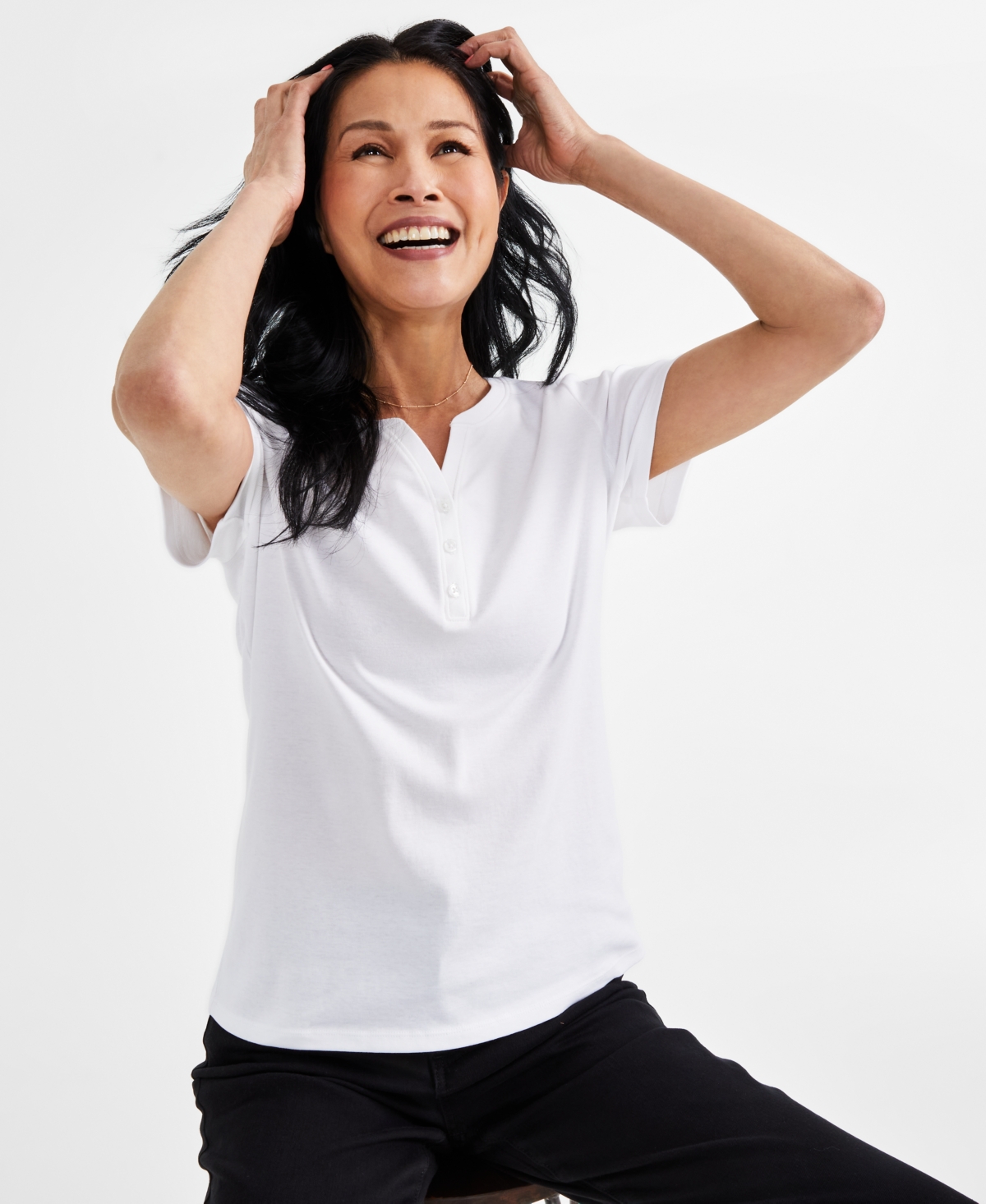 Petite Cotton Henley Short-Sleeve T-Shirt, Created for Macy's - Bright White