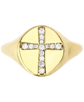 Cubic Zirconia Pav&eacute; Cross Polished Signet Ring