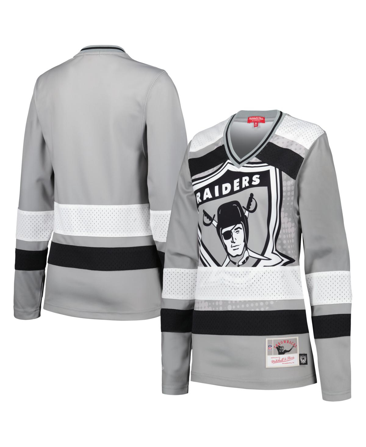 Women's Mitchell & Ness Silver Distressed Las Vegas Raiders Big Face 7.0 Long Sleeve Jersey T-shirt - Silver