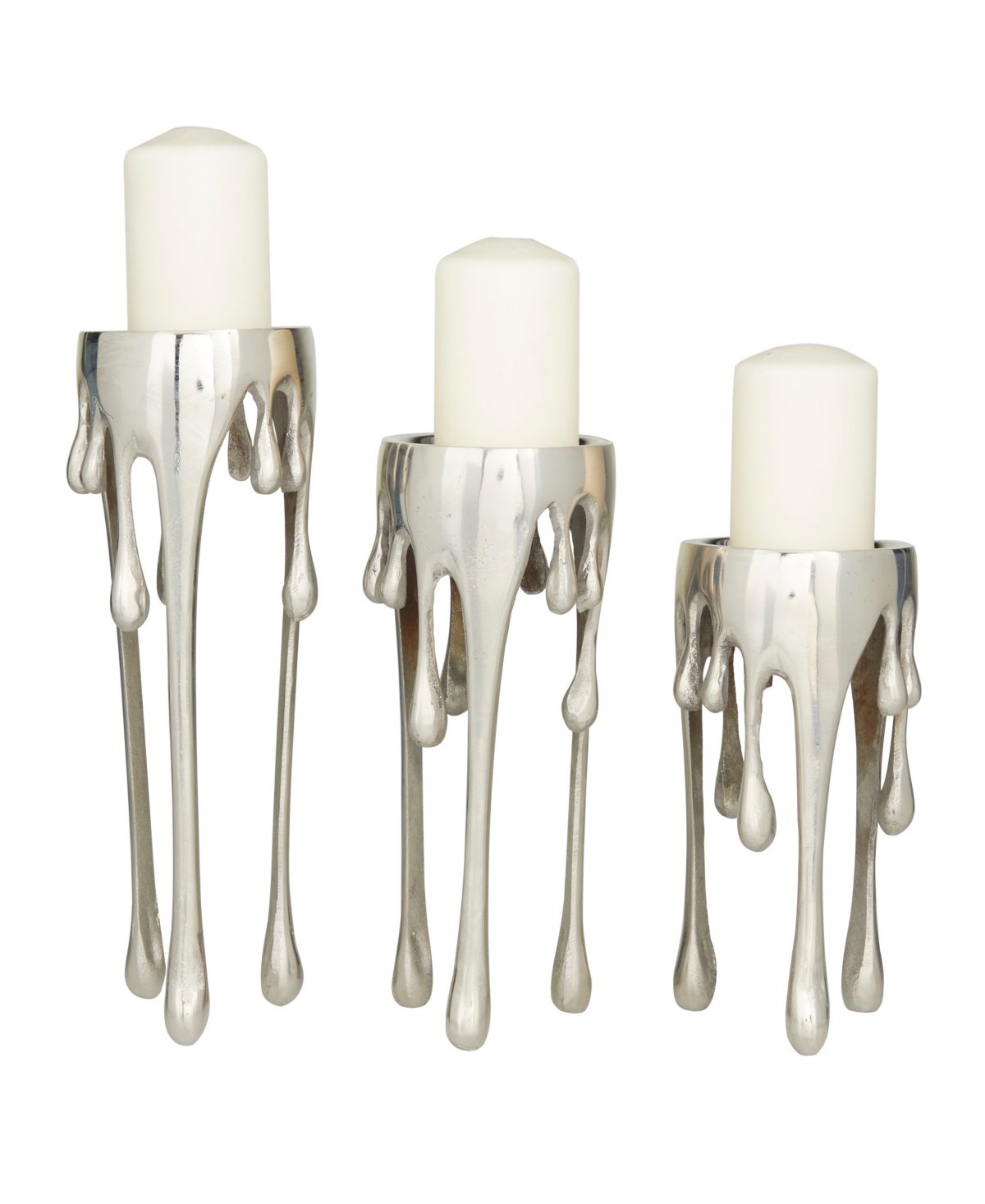 Cosmoliving Aluminum Abstract Pillar Drip Candle Holder With Melting Designed Legs Set Of 3 In Silver