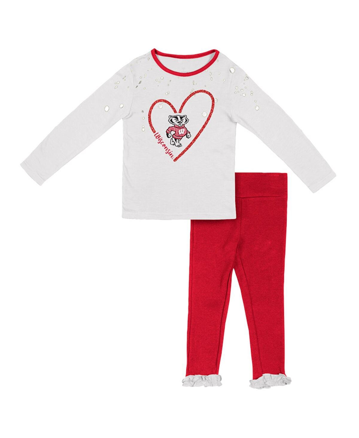 Colosseum Babies' Girls Toddler  White, Red Wisconsin Badgers Onstage Long Sleeve T-shirt And Leggings Set In White,red