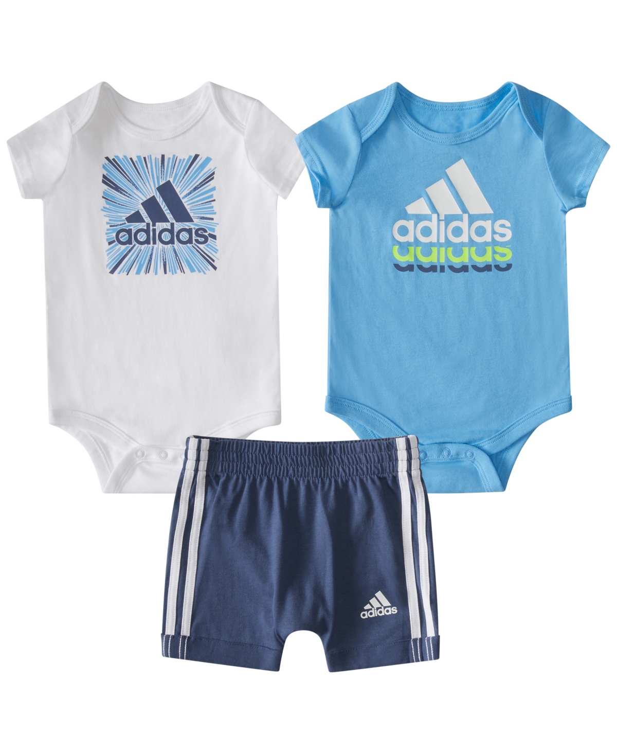 Adidas Originals Baby Boys Logo Bodysuits And Shorts, 3 Piece Set In Blue With White
