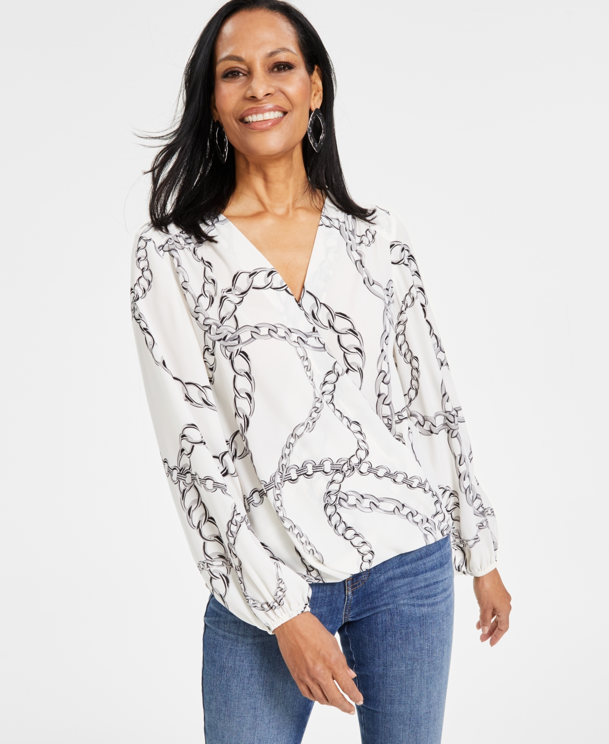 Inc International Concepts Women's Printed Surplice Top, Created For Macy's In Chloe Chain