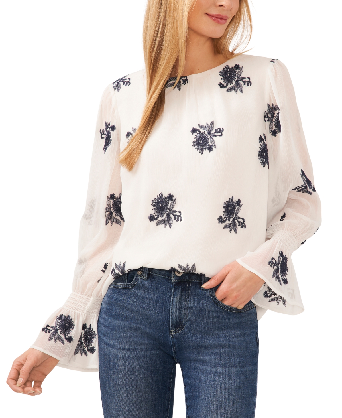 Cece Women's Floral Print Smocked Cuff Blouse In New Ivory