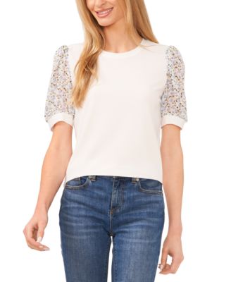 CeCe - Women's Ditsy Floral Mixed-Media Short-Sleeve Top