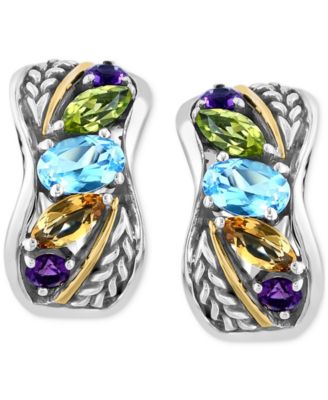 EFFY&reg; Multi-Gemstone Small Hoop Earrings (2-5/8 ct. t.w.) in Sterling Silver & 18k Gold-Plate