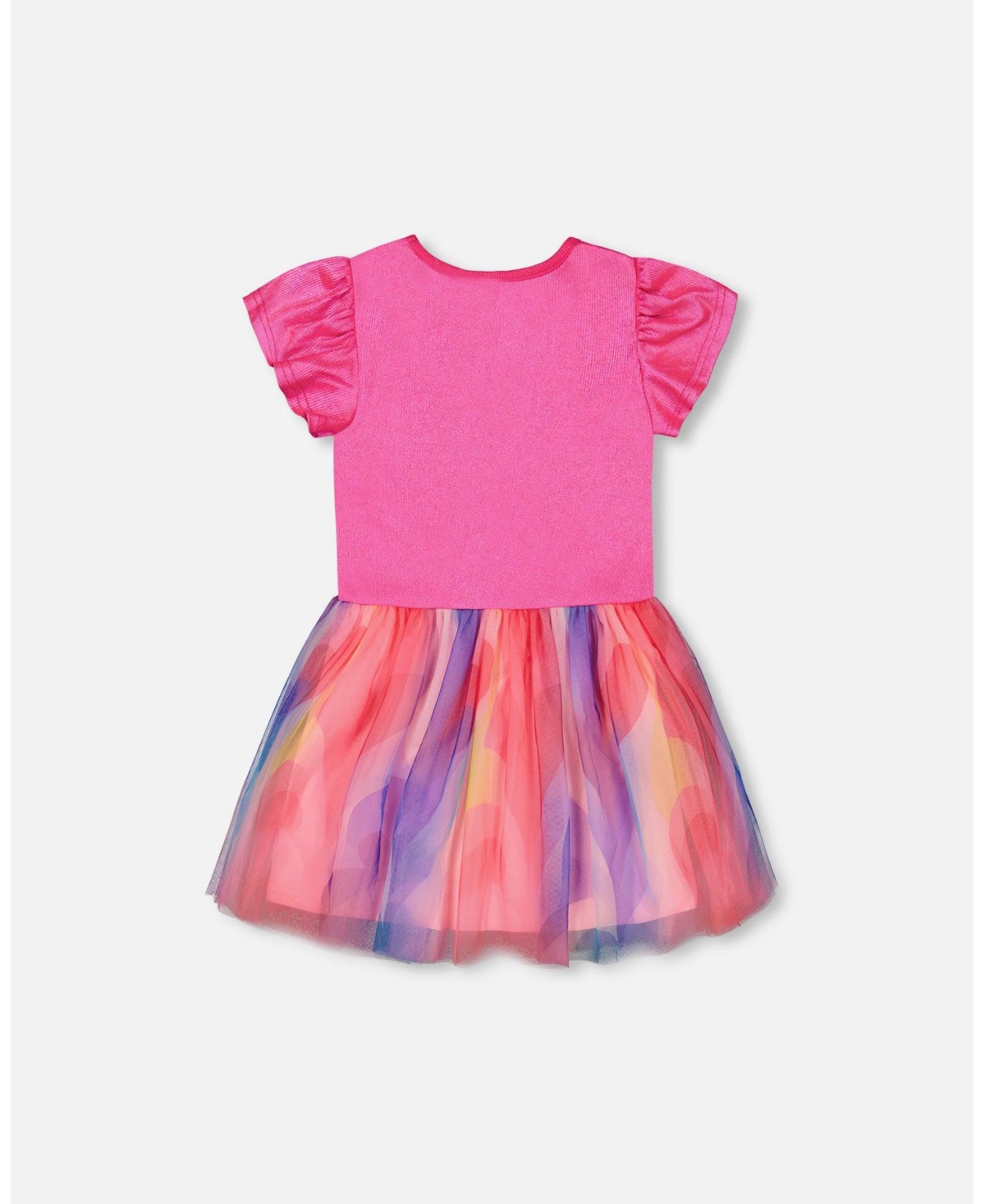 Girl Bi-Material Shiny Rib And Mesh Dress Fuchsia With Printed Rainbow Heart - Child - Fuchsia with printed rainbow heart