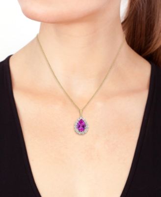 EFFY&reg; Lab Grown Pink Sapphire (5-5/8 ct. t.w) & Lab Grown Diamond (1-1/3 ct. t.w.) Pear Halo 18" Pendant Necklace in 14k Gold