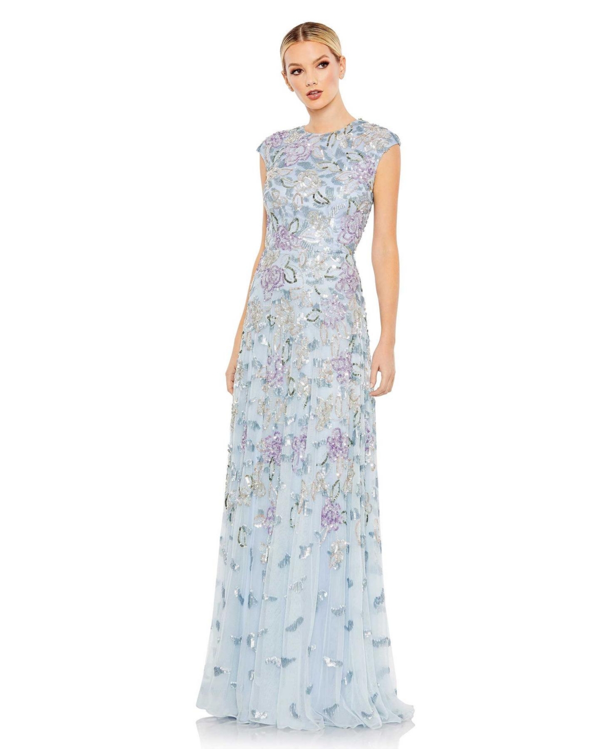 Women's Sequined High Neck Cap Sleeve A Line Gown - Ice blue multi