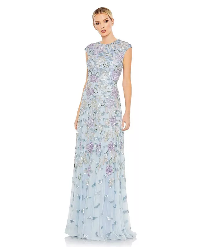 Women's Sequin Mesh High Neck Cap Sleeve A Line Gown