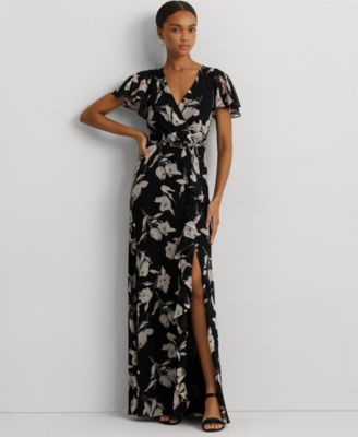 로렌 랄프로렌 Lauren Ralph Lauren Womens Floral Flutter-Sleeve Gown