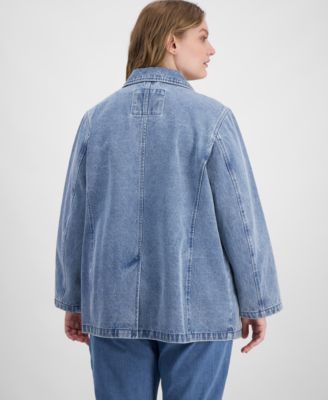 Plus Size Denim Long-Sleeve Blazer Jacket