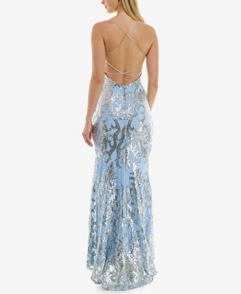 B Darlin Junior's Strappy Back Glitter Finish Gown Blue Size 56