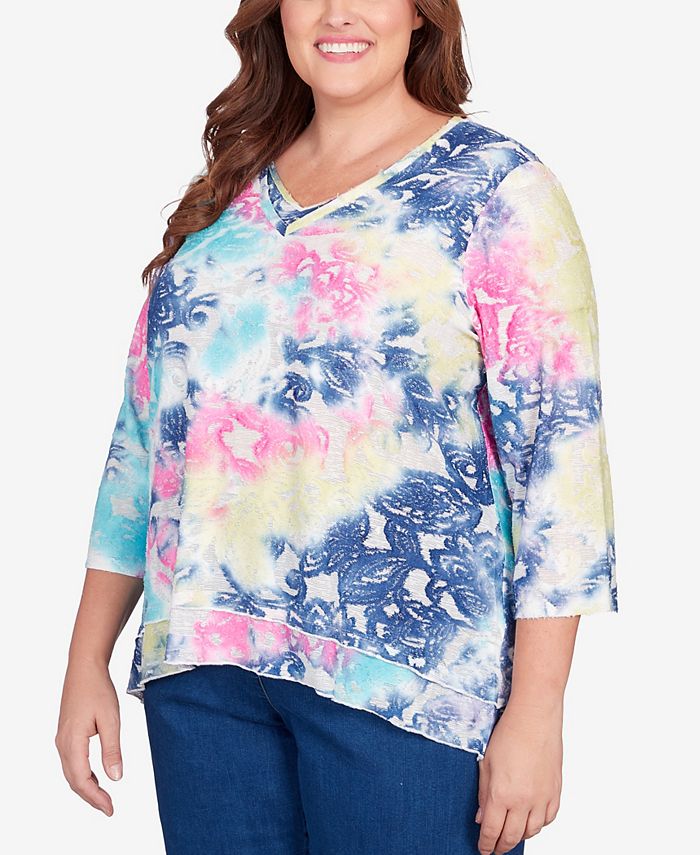 Alfred Dunner Plus Size In Full Bloom Torn Jacquard Tie Dye Top - Macy's