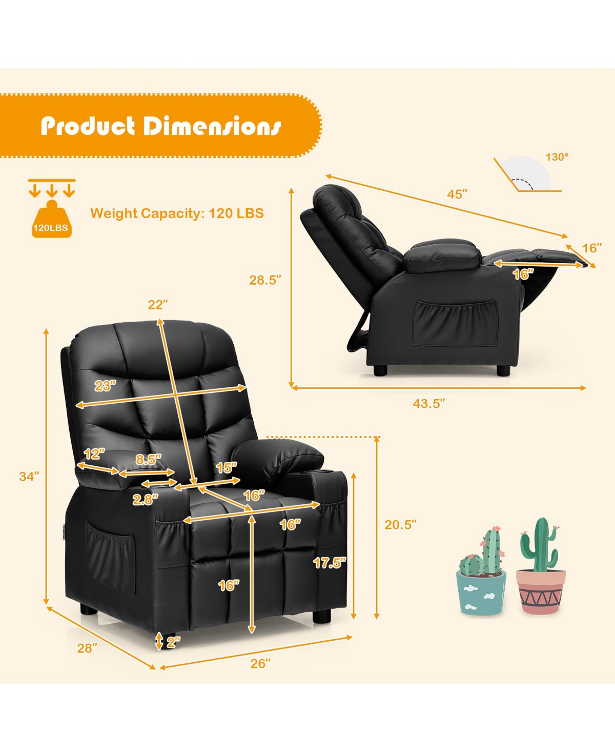 Costway Kids Youth Recliner Chair Pu Leather w/Cup Holders & Side Pockets