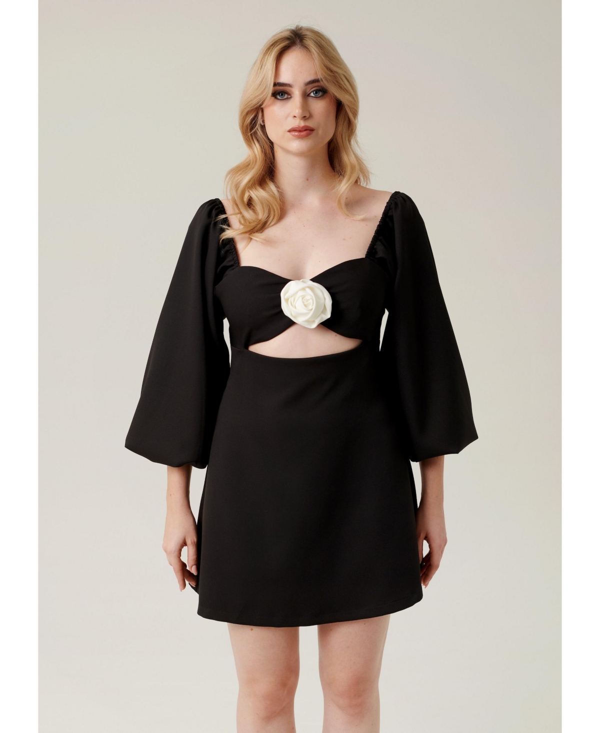 Women's Bell sleeve cut out black mini dress with rose detail - Black