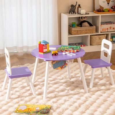 Kids Wooden Round Table & 2 Chair Set w/ Center Mesh Storage